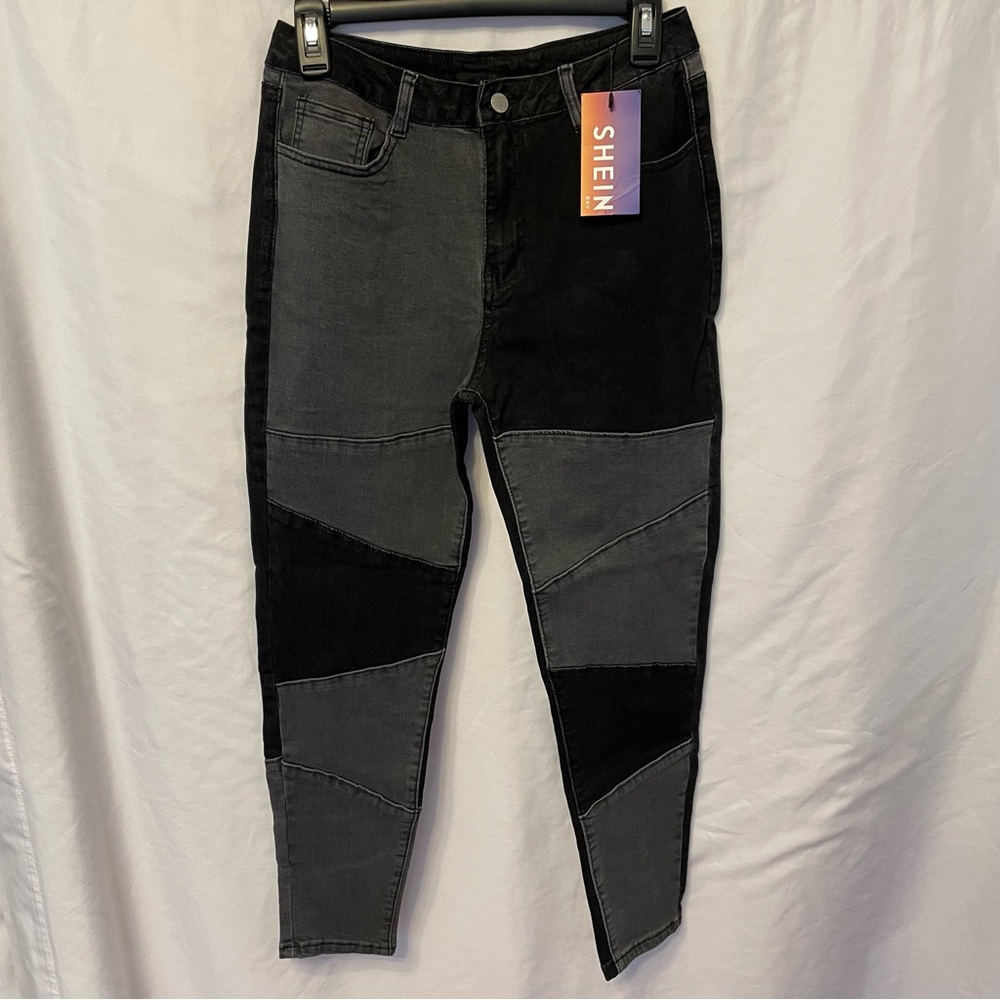SHEIN NWT Color Block shift Rise Skinny Jeans Women's Size 28 Black & Gray Goth